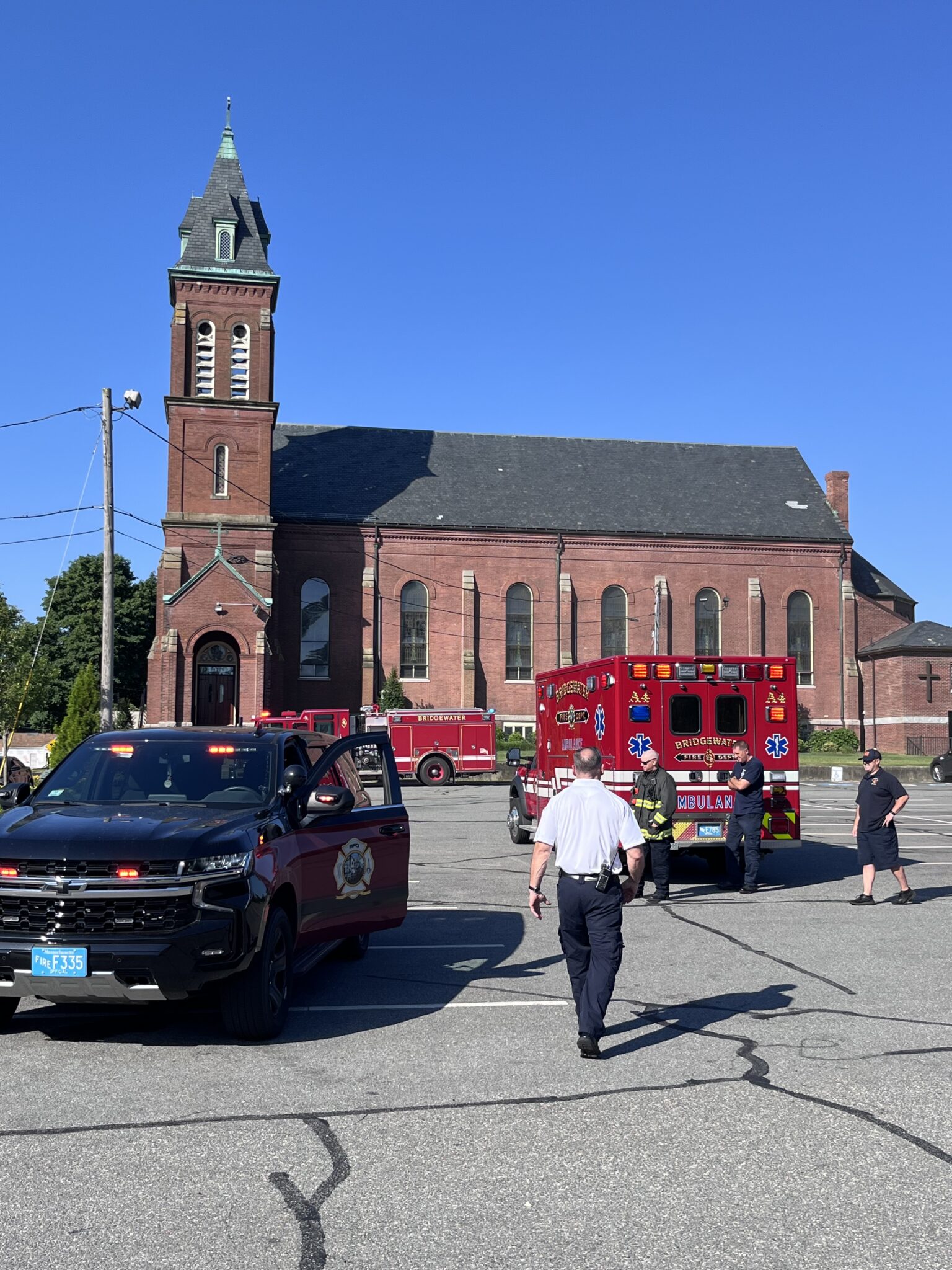 After a single-vehicle crash on Broad Street at the Central Square intersection, Bridgewater Fire Department Ambulance 4 transported an injured pedestrian to the parking lot of St. Thomas Aquinas Church.